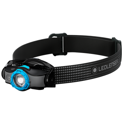 MH5 Outdoor Headlamp featuring a black adjustable headband with blue focus dial and front facing rechargeable LED for outdoor use