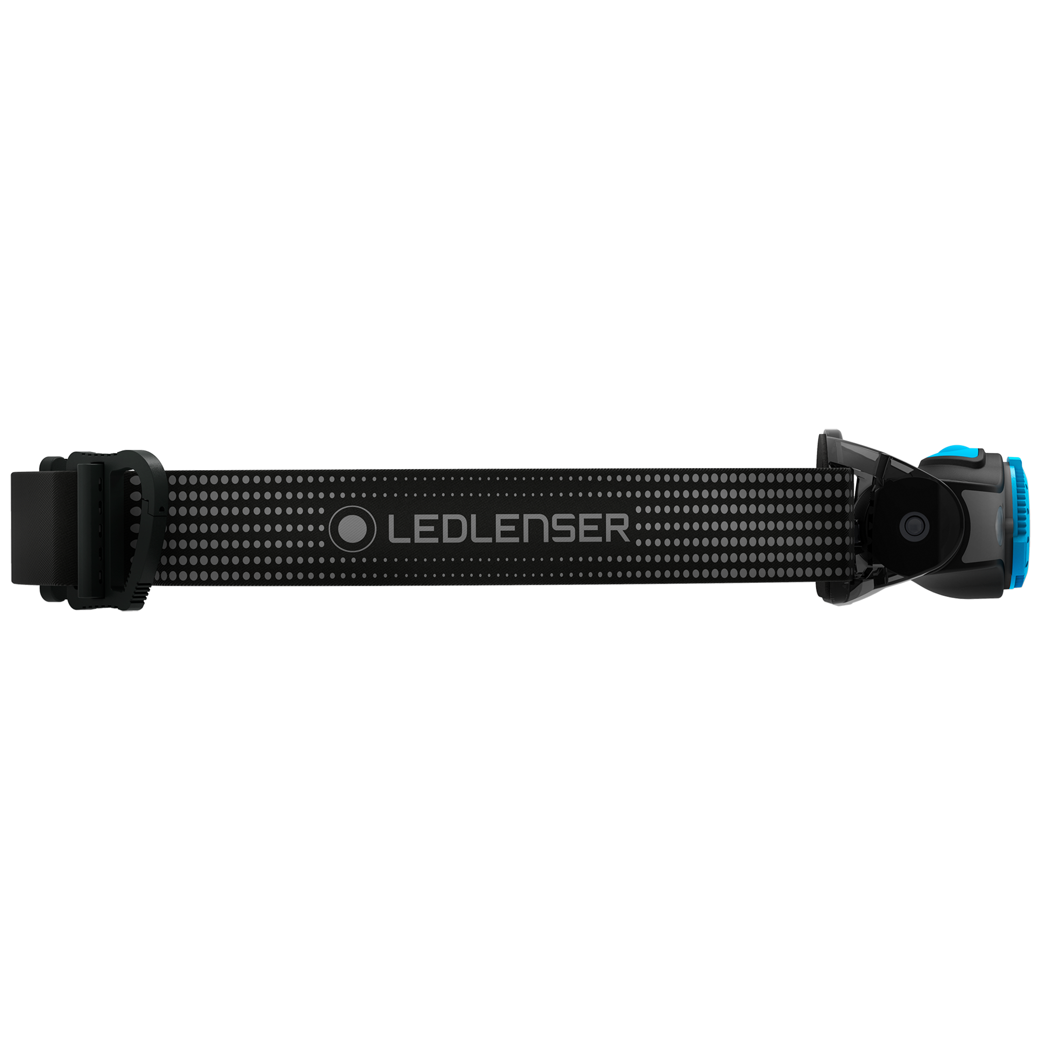 Ledlenser MH5 Outdoor Headlamp with black adjustable strap and blue front adjustment dial