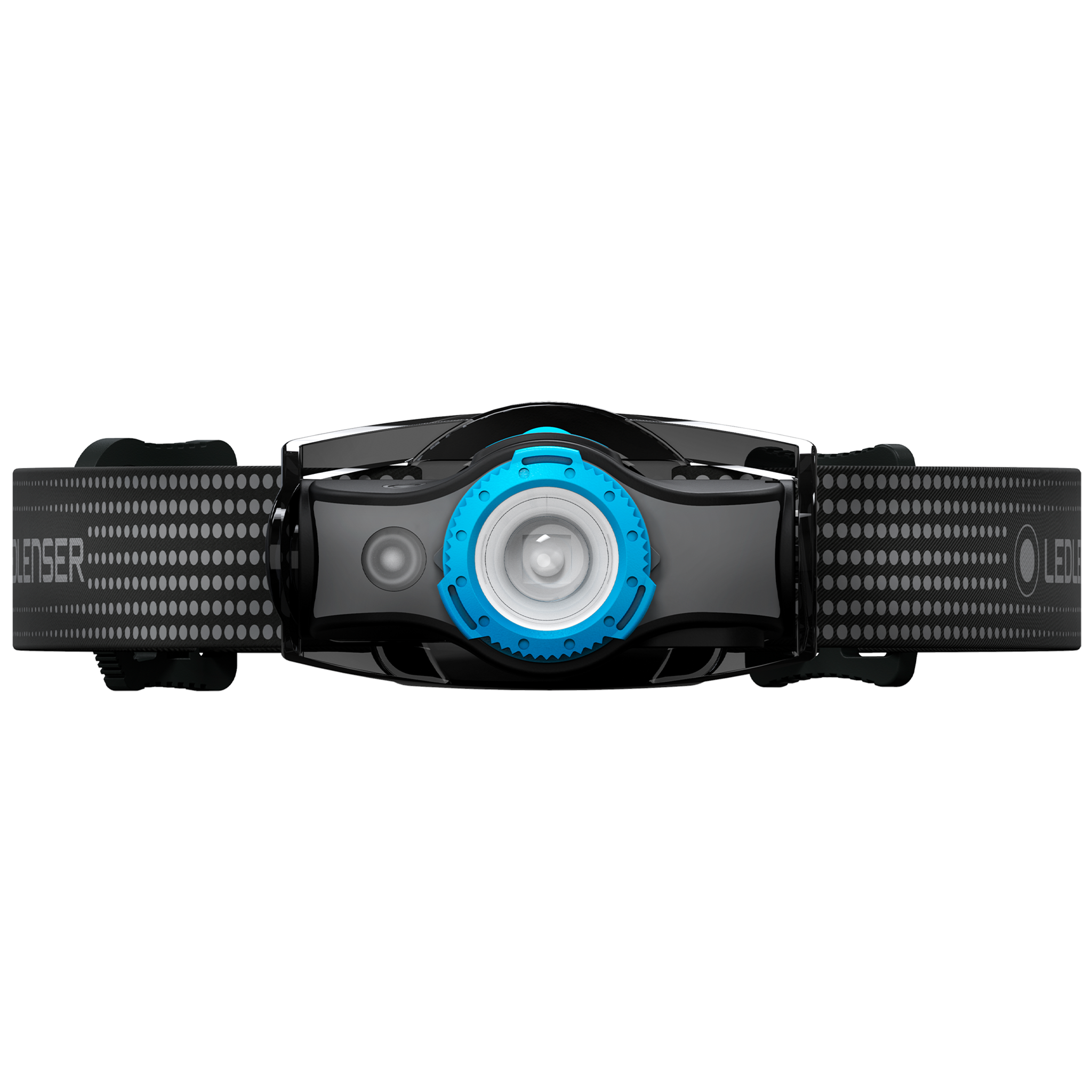 MH5 Outdoor Headlamp front view with black dotted headband and blue ring around the central LED