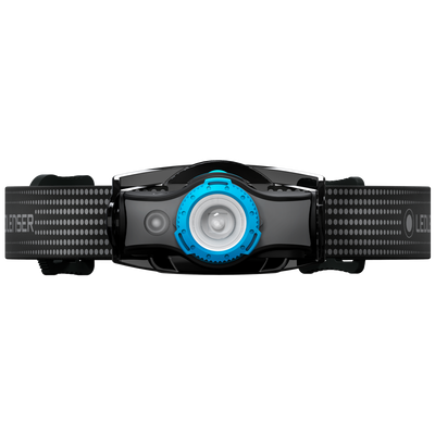 MH5 Outdoor Headlamp front view with black dotted headband and blue ring around the central LED
