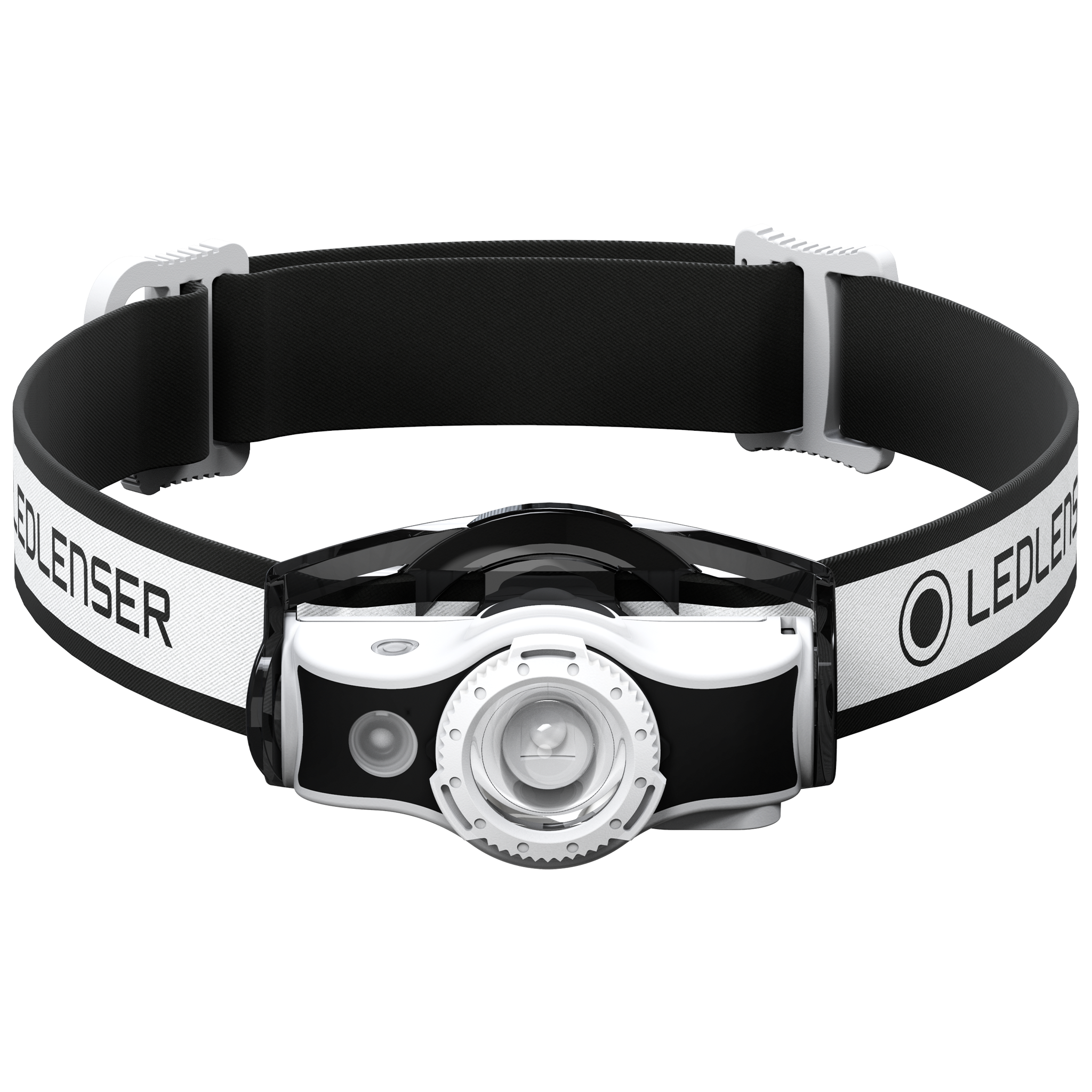 Ledlenser MH5 Outdoor Headlamp with white and black adjustable strap front lens and rotating bezel facing forward