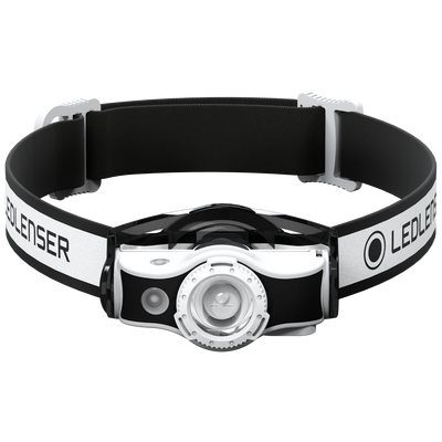 Ledlenser MH5 Outdoor Headlamp with white and black adjustable strap front lens and rotating bezel facing forward