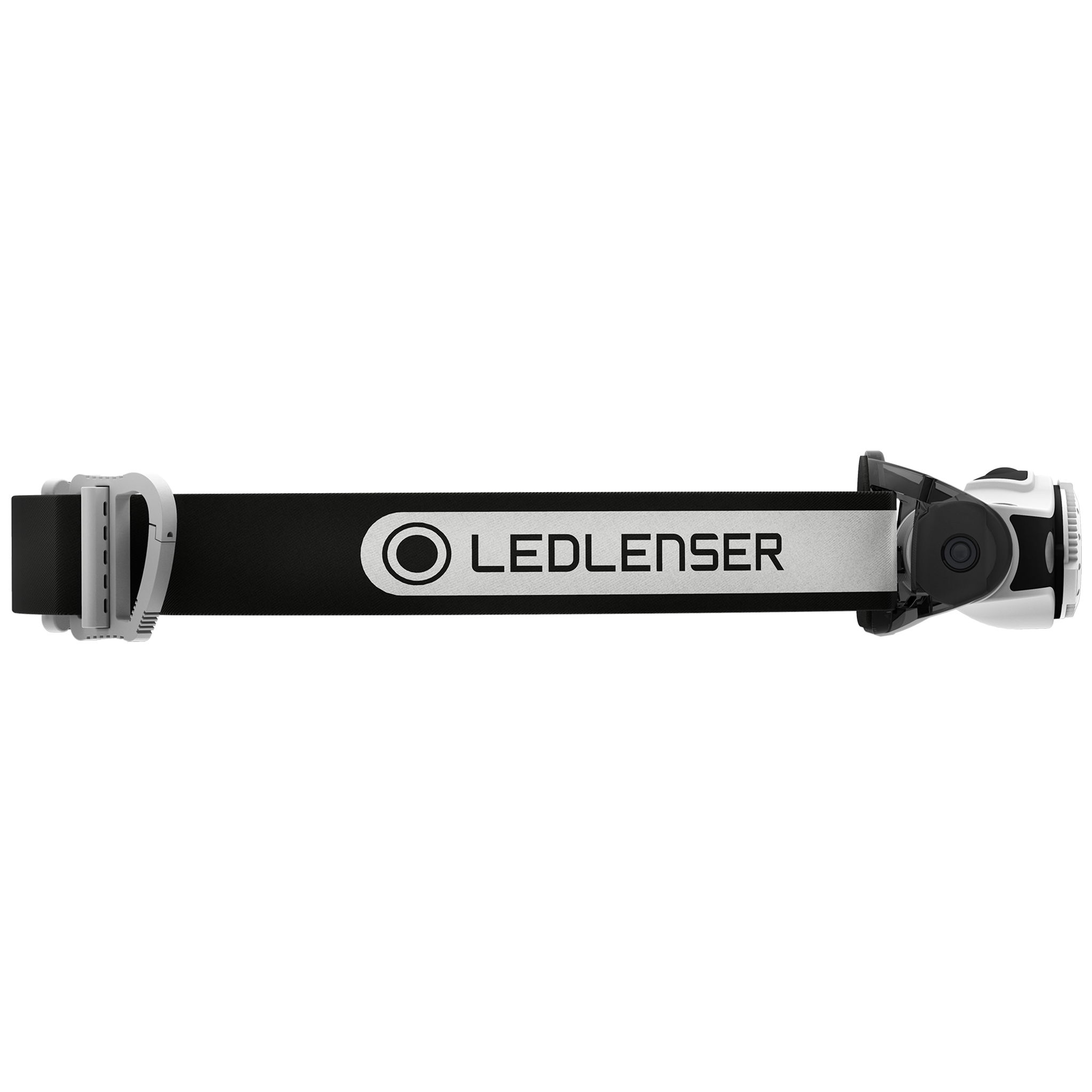 Ledlenser MH5 Outdoor Headlamp with black adjustable headband and white front housing side view