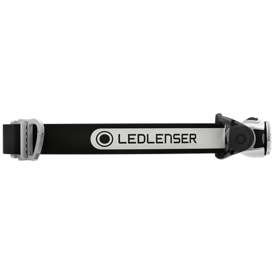 Ledlenser MH5 Outdoor Headlamp with black adjustable headband and white front housing side view