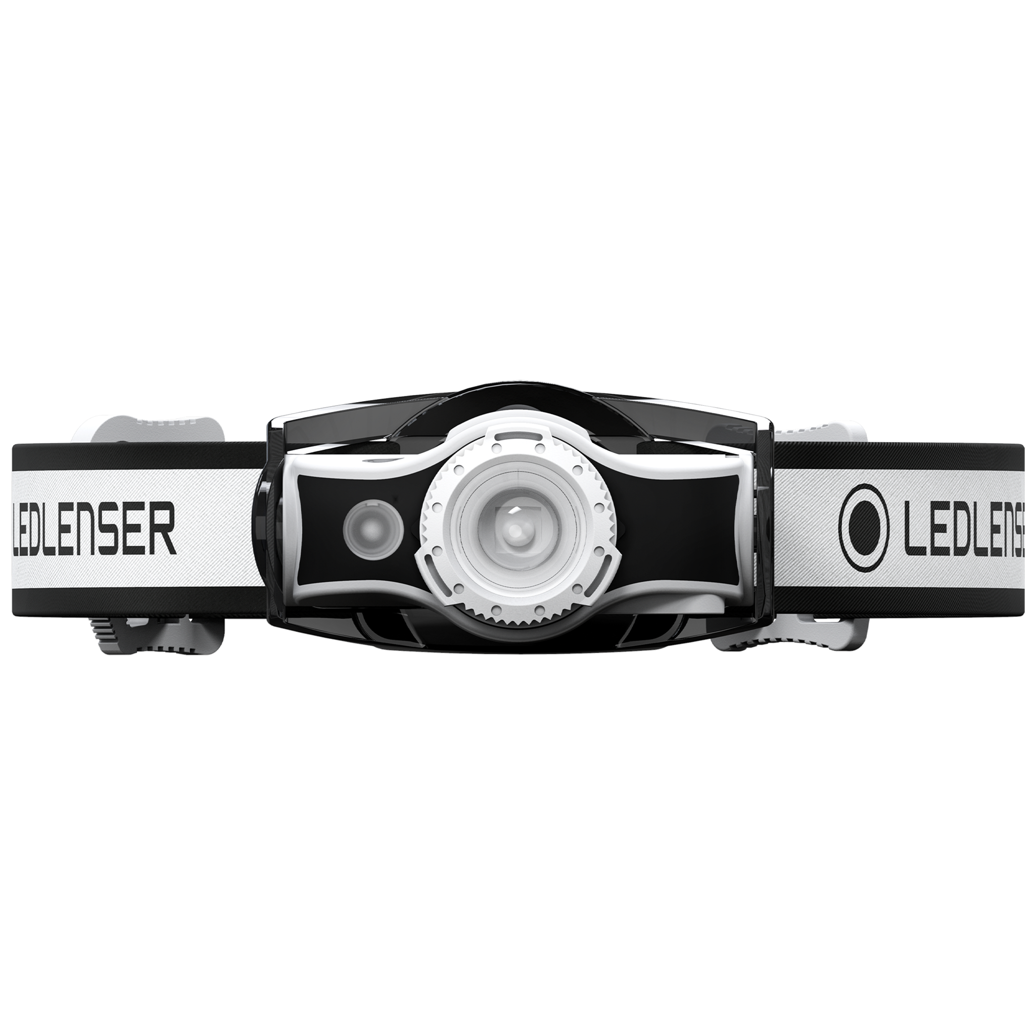 Ledlenser MH5 Outdoor Headlamp on black and white adjustable headband with front facing LED lens