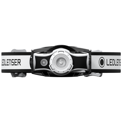 Ledlenser MH5 Outdoor Headlamp on black and white adjustable headband with front facing LED lens