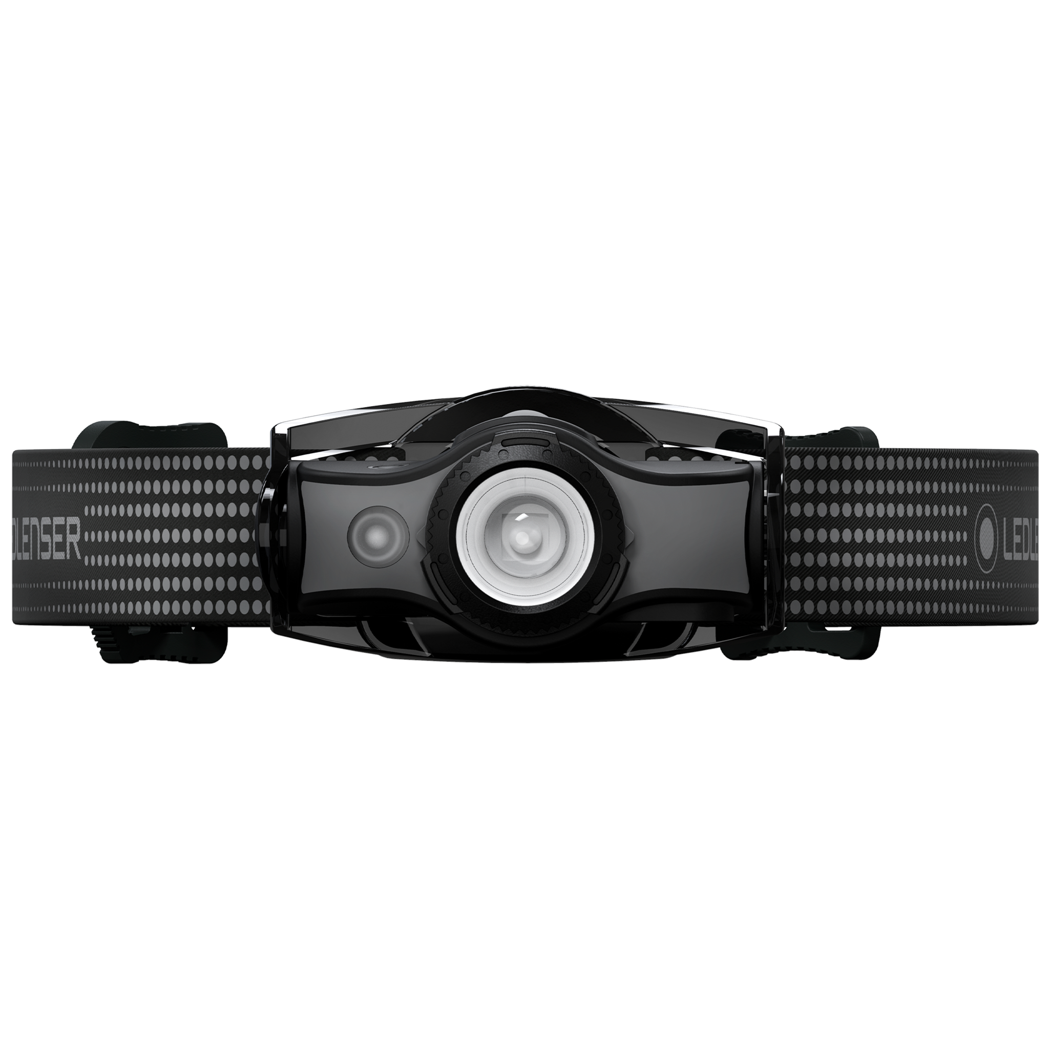 MH5 Outdoor Headlamp front view with black dotted Ledlenser headband and central rechargeable LED module