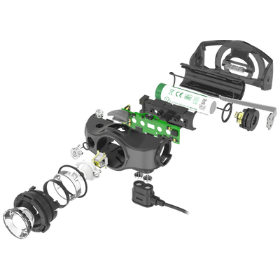 Ledlenser MH5 Outdoor Headlamp exploded view showing internal components including battery pack circuit board LED module housing and strap