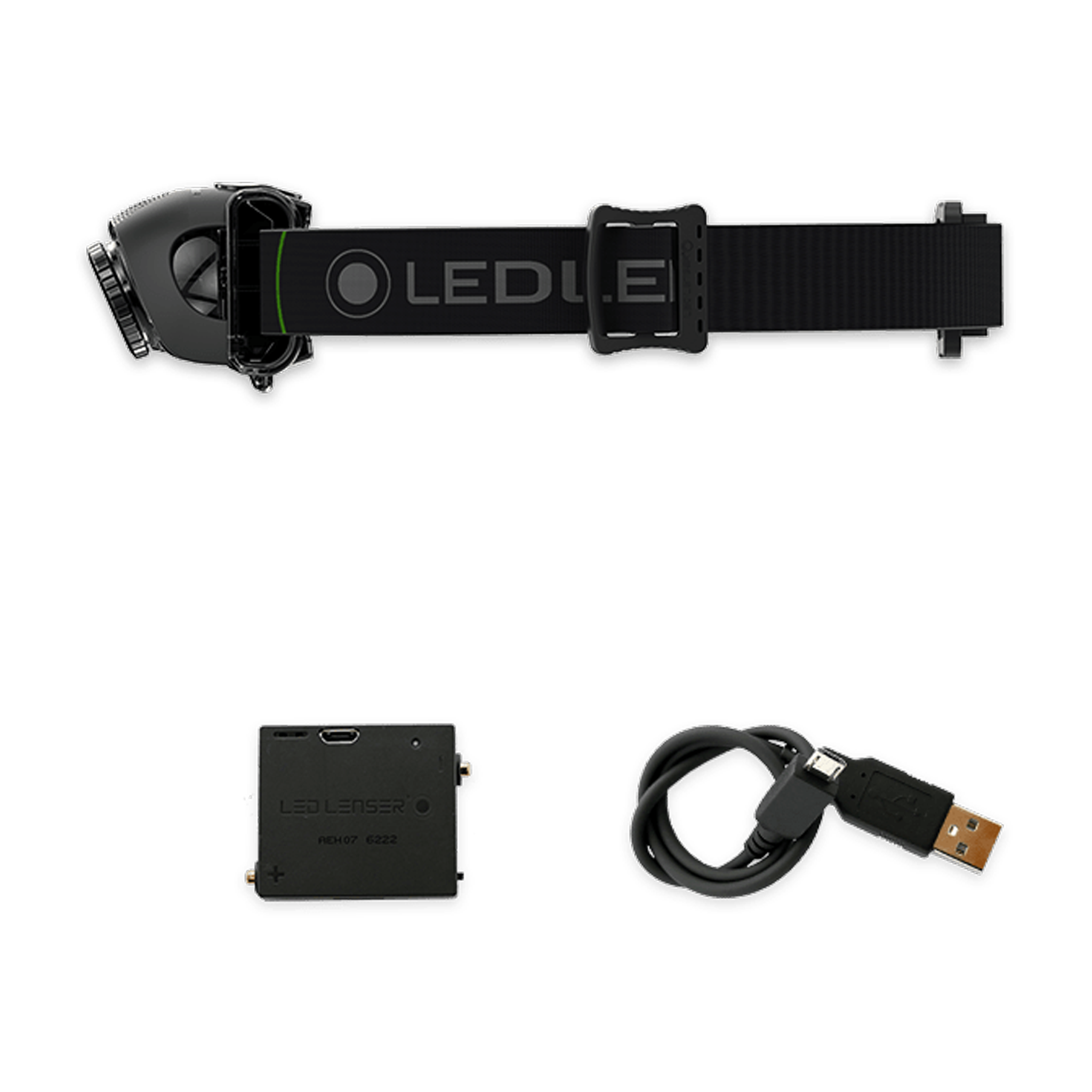 Ledlenser MH6 Headlamp with battery pack and USB charging cable shown laid out with head strap visible black accessories included