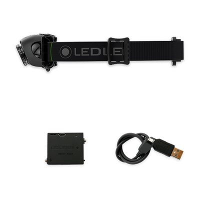 Ledlenser MH6 Headlamp with battery pack and USB charging cable shown laid out with head strap visible black accessories included