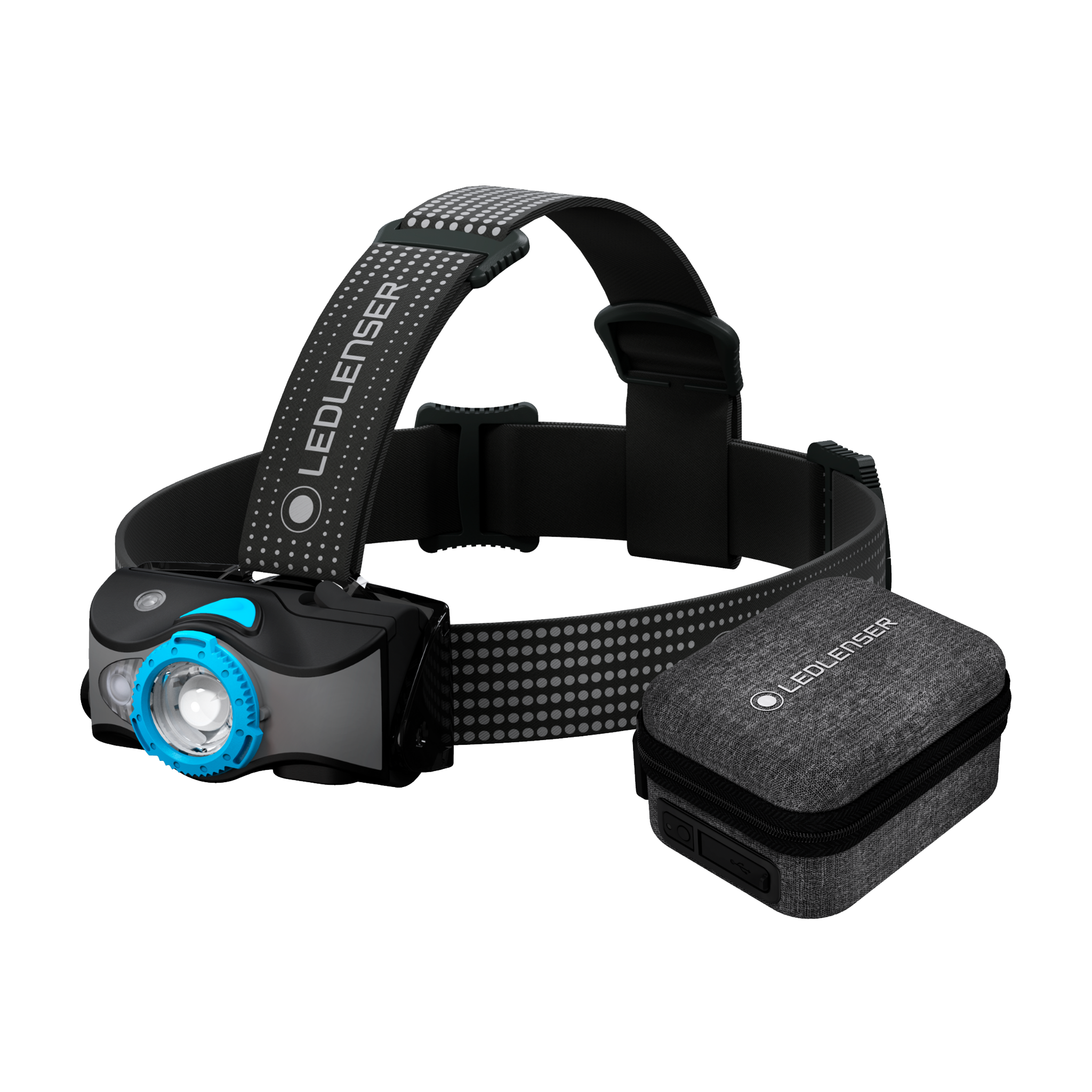 MH7 Powercase Combo Headlamp & Charging Case by Ledlenser headlamp with blue bezel and adjustable strap shown beside charging case
