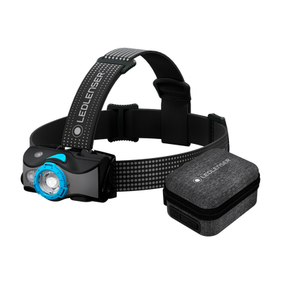 MH7 Powercase Combo Headlamp & Charging Case by Ledlenser headlamp with blue bezel and adjustable strap shown beside charging case