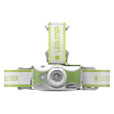 MH7 Green Rechargeable Headlamp viewed front on with green body white adjustable strap featuring Ledlenser branding