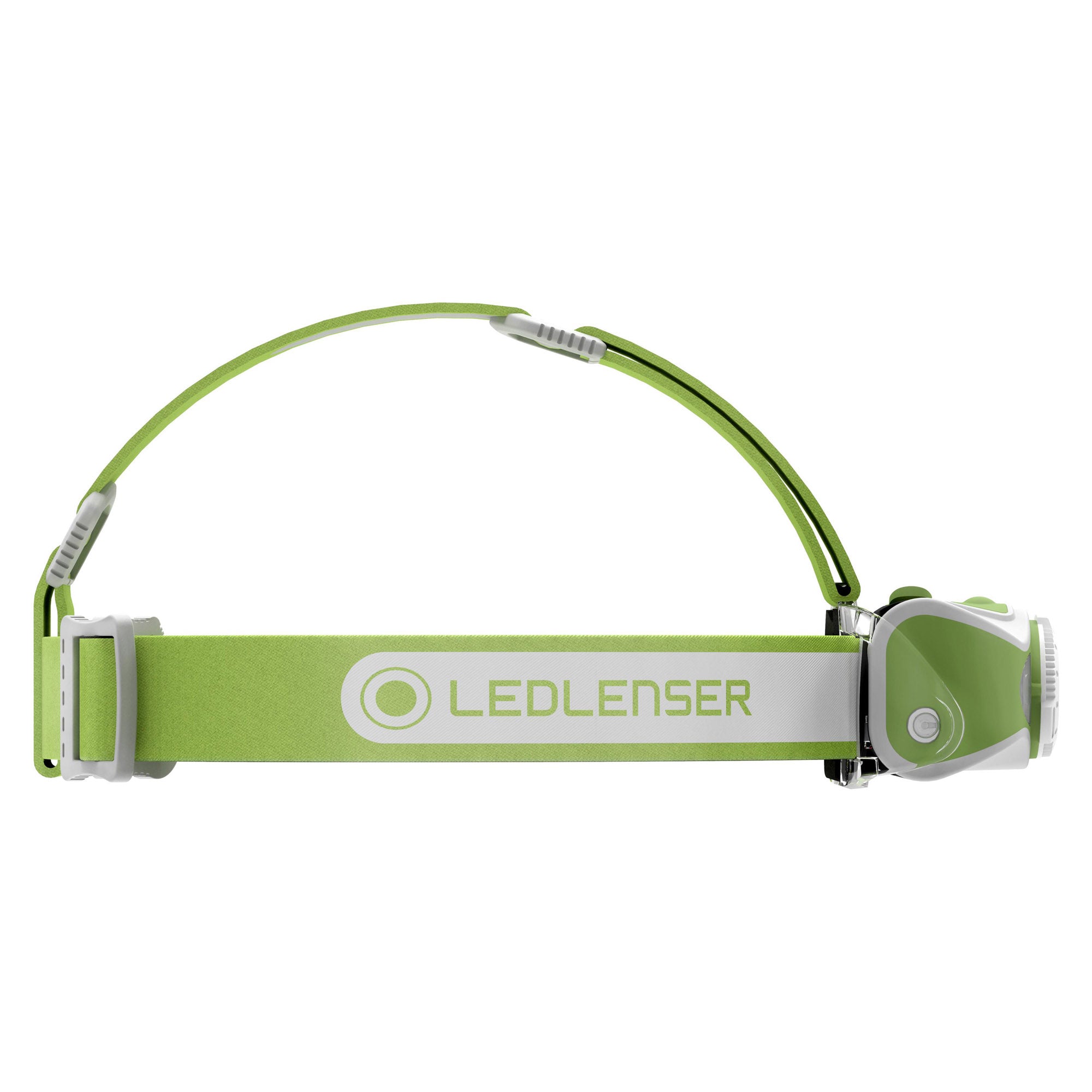 Ledlenser MH7 Green Rechargeable Headlamp side view showing green headband and compact rechargeable front housing