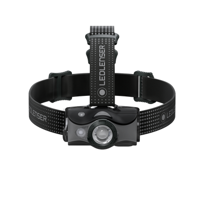 Ledlenser MH7 Outdoor Headlamp with adjustable black headband and front LED module front view showing strap and light unit
