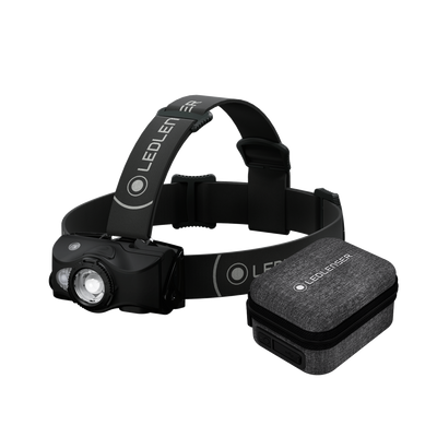 MH8 Powercase Combo headlamp with adjustable strap and charging case; black headlamp with front lens and grey fabric case