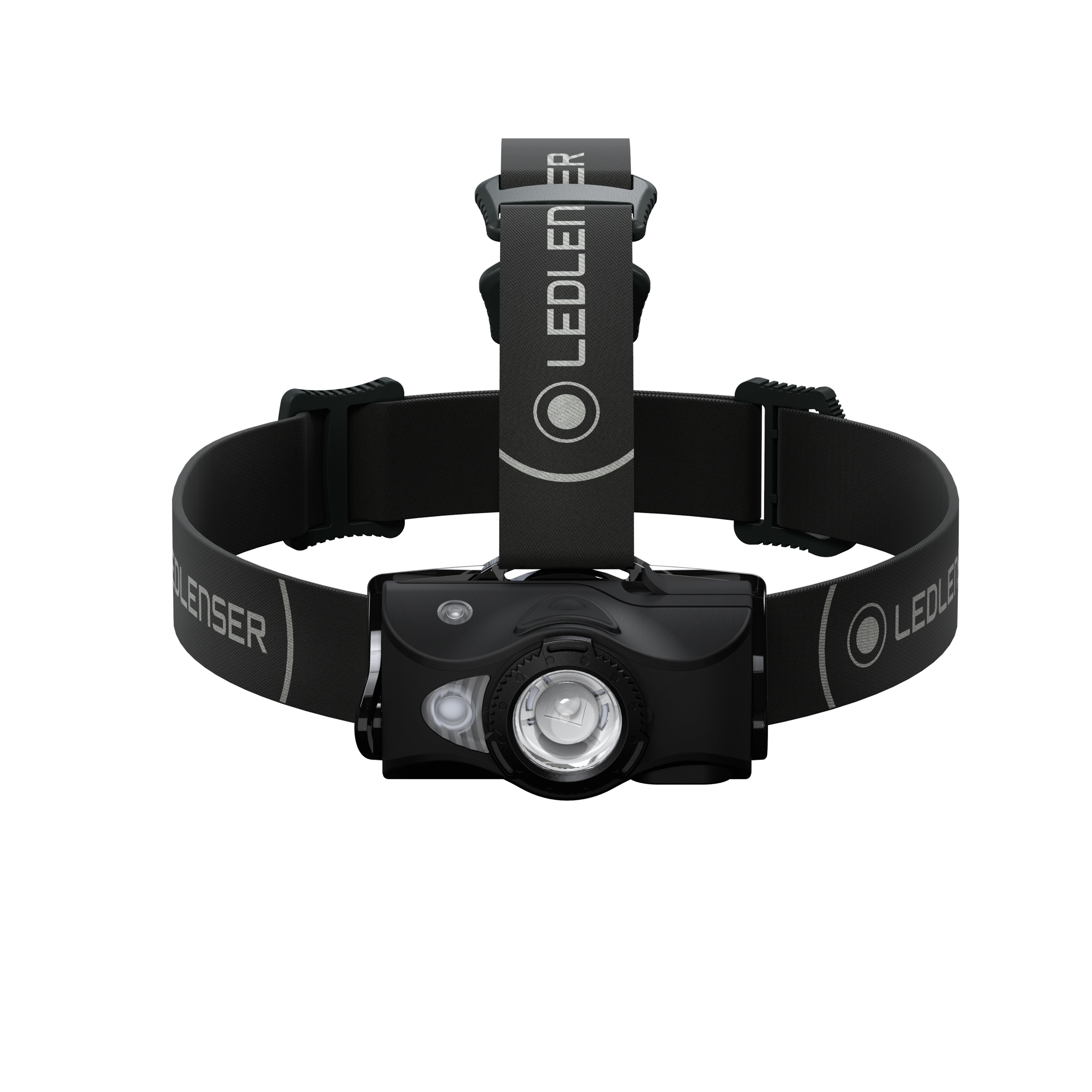 Ledlenser MH8 outdoor headlamp with black adjustable headband and central front LED lens on strap page quality product image