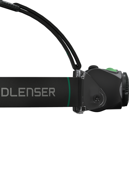 MH8 Black Rechargeable Headlamp shown in side view with adjustable head strap Ledlenser branding on strap and green accent button