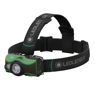 MH8 Green Rechargeable Headlamp on adjustable black headband with green accents front view showing lens and switch