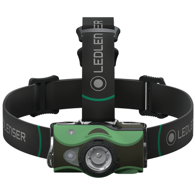 MH8 Green Rechargeable Headlamp mounted on a black headband with green accents front lens visible