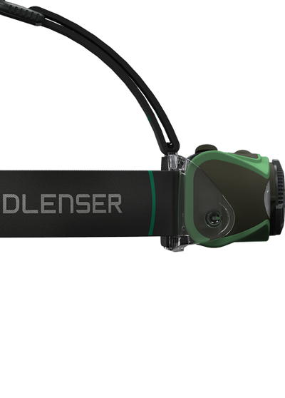 MH8 Green Rechargeable Headlamp on black headband with green accents; side view showing green housing and control area