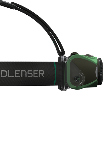 MH8 Green Rechargeable Headlamp on black headband with green accents; side view showing green housing and control area