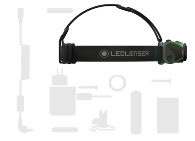 Ledlenser MH8 Green Rechargeable Headlamp with adjustable strap and green unit front angled view