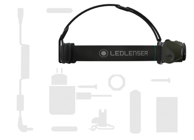 MH8 Black Rechargeable Headlamp by Ledlenser with adjustable strap and integrated battery pack shown with charging accessories and cable