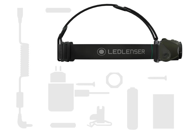 MH8 Black Rechargeable Headlamp by Ledlenser with adjustable strap and integrated battery pack shown with charging accessories and cable
