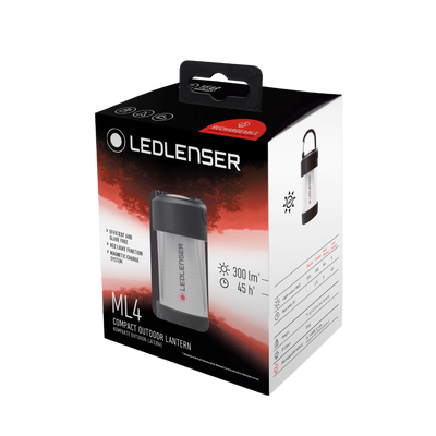 Ledlenser ML4 Lantern packaging box featuring compact outdoor lantern with handle front image 300 lm and 45 h runtime