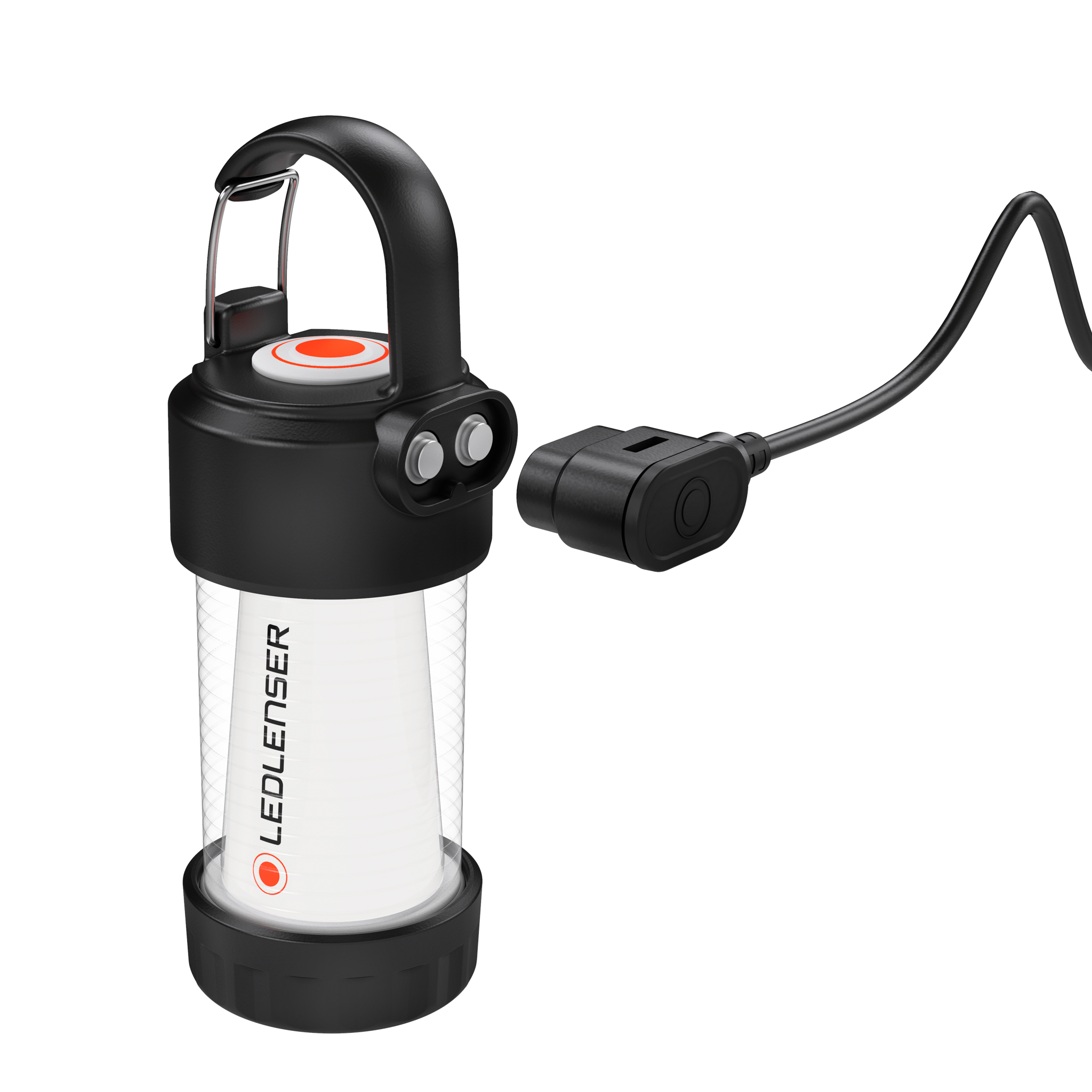 Ledlenser ML4 Warm Light Lantern with black top and base clear body red button ring and attached charging cable in front view