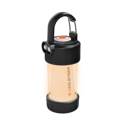 Ledlenser ML4 Warm Light Lantern with black top and handle beige translucent body and LEDLENser branding visible