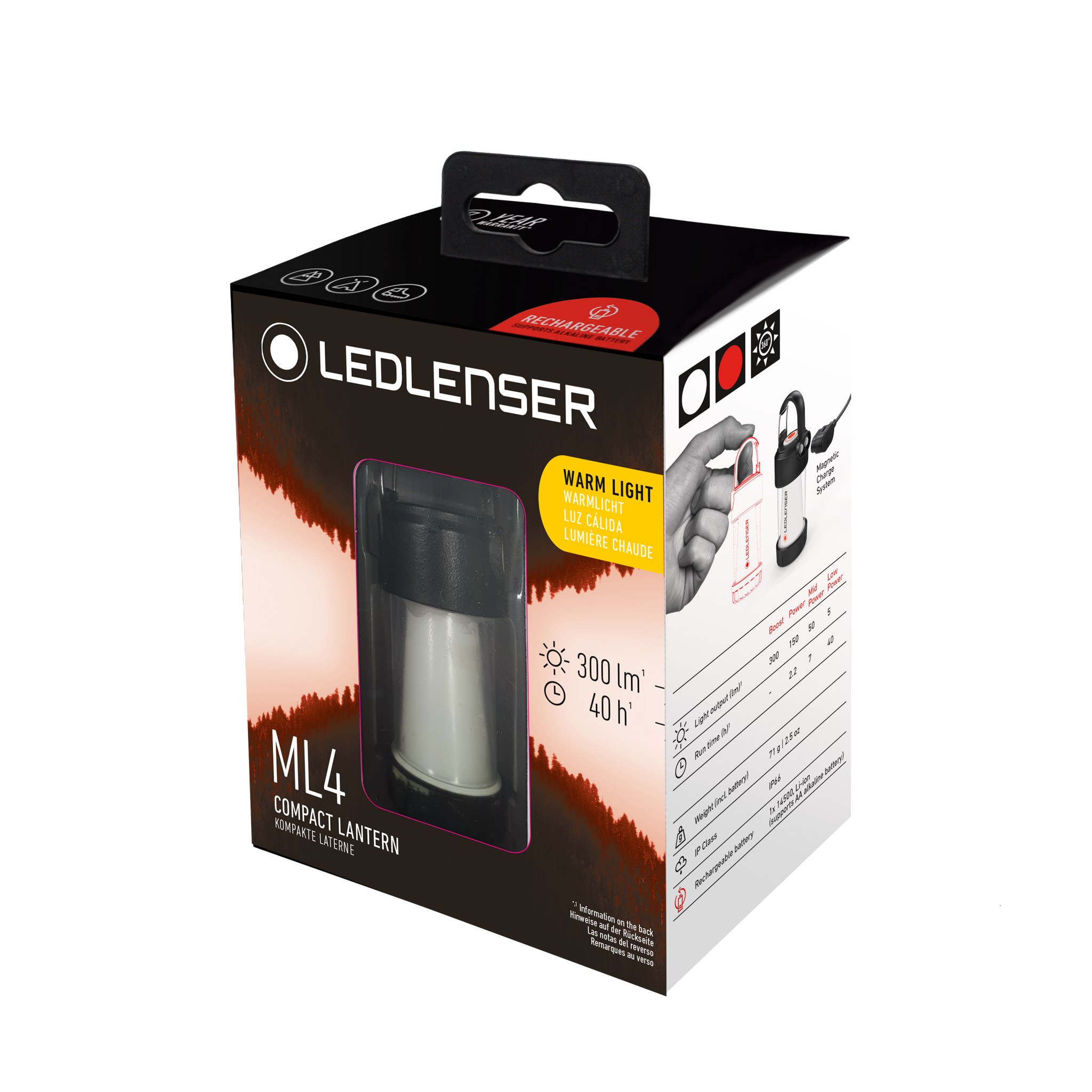 Ledlenser ML4 Warm Light Lantern packaging box with transparent window showing the compact lantern inside black and orange design