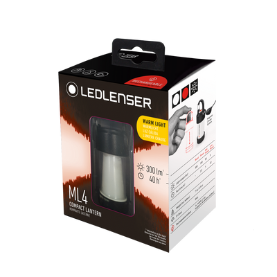 Ledlenser ML4 Warm Light Lantern packaging box with transparent window showing the compact lantern inside black and orange design