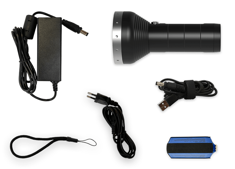 Ledlenser MT18 Rechargeable Torch with charging cable USB cable power adapter and spare battery pack in a black handheld design
