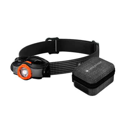 Ledlenser MH5 Powercase Combo headlamp with charging case on a black adjustable headband and grey fabric storage case