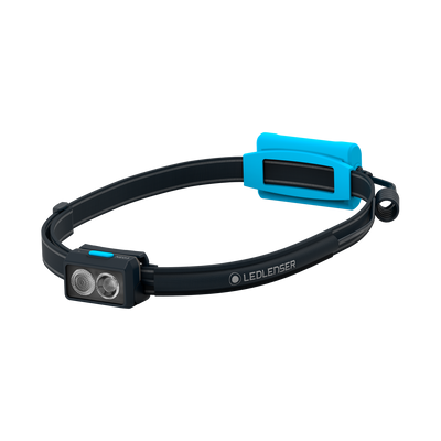 NEO3 Running Headlamp by Ledlenser with black headband blue accent housing dual front LEDs and headband mount facing forward