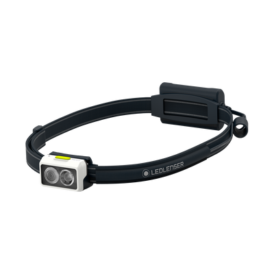 NEO3 Running Headlamp by Ledlenser with white dual LED front module on a black adjustable headband and back battery pack visible