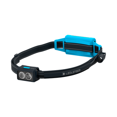 NEO5R Running Headlamp by Ledlenser with black headband and blue battery pack front dual LED light module installed