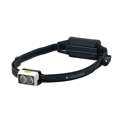 Ledlenser NEO5R Running Headlamp with white front module and black adjustable headband featuring dual LEDs on the front