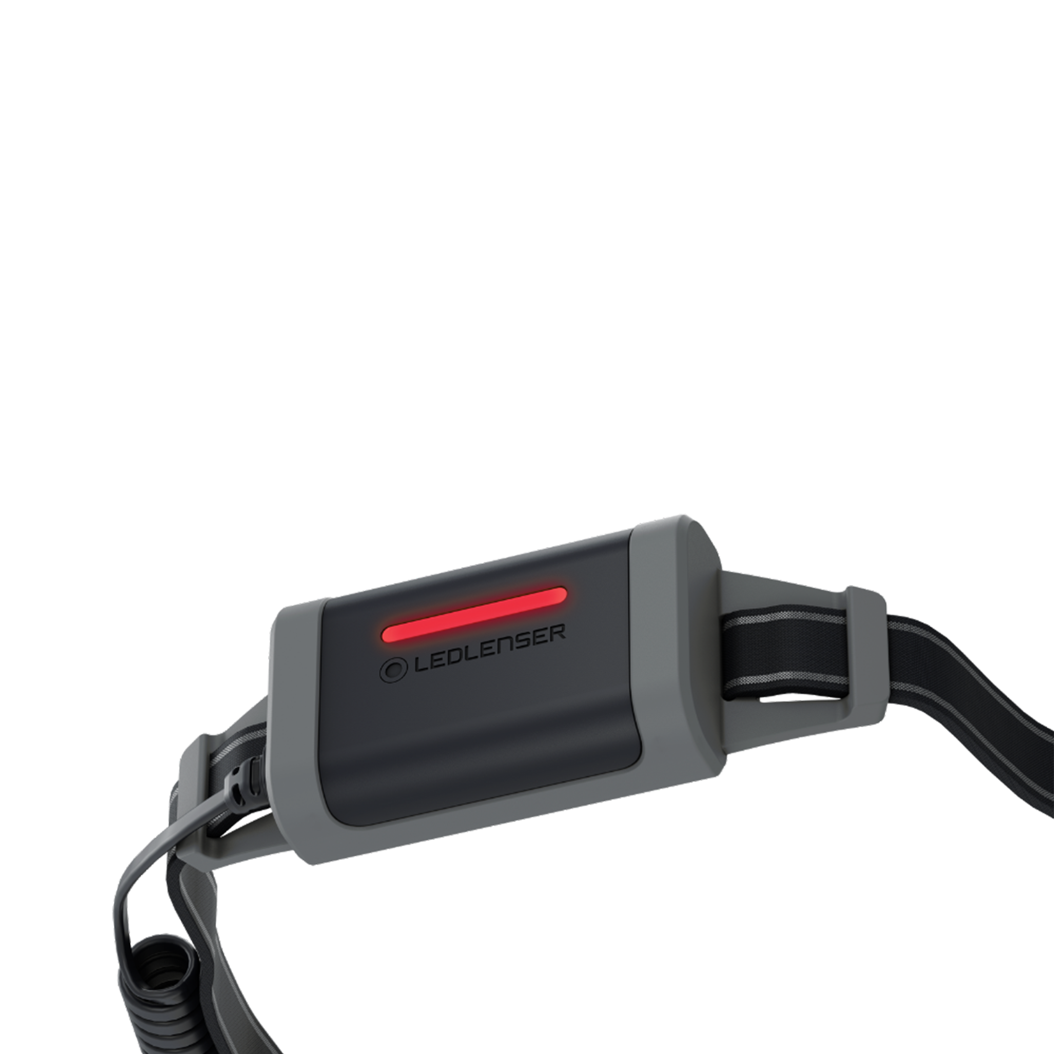NEO5R Running Headlamp by Ledlenser featuring grey and black housing with red indicator strip and adjustable head strap