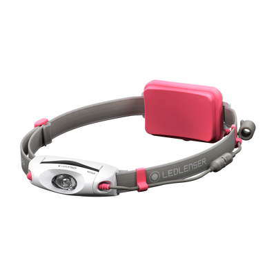 NEO6R Rechargeable Headlamp with pink battery module on grey head strap front light housing and adjustable band shows in wear setup