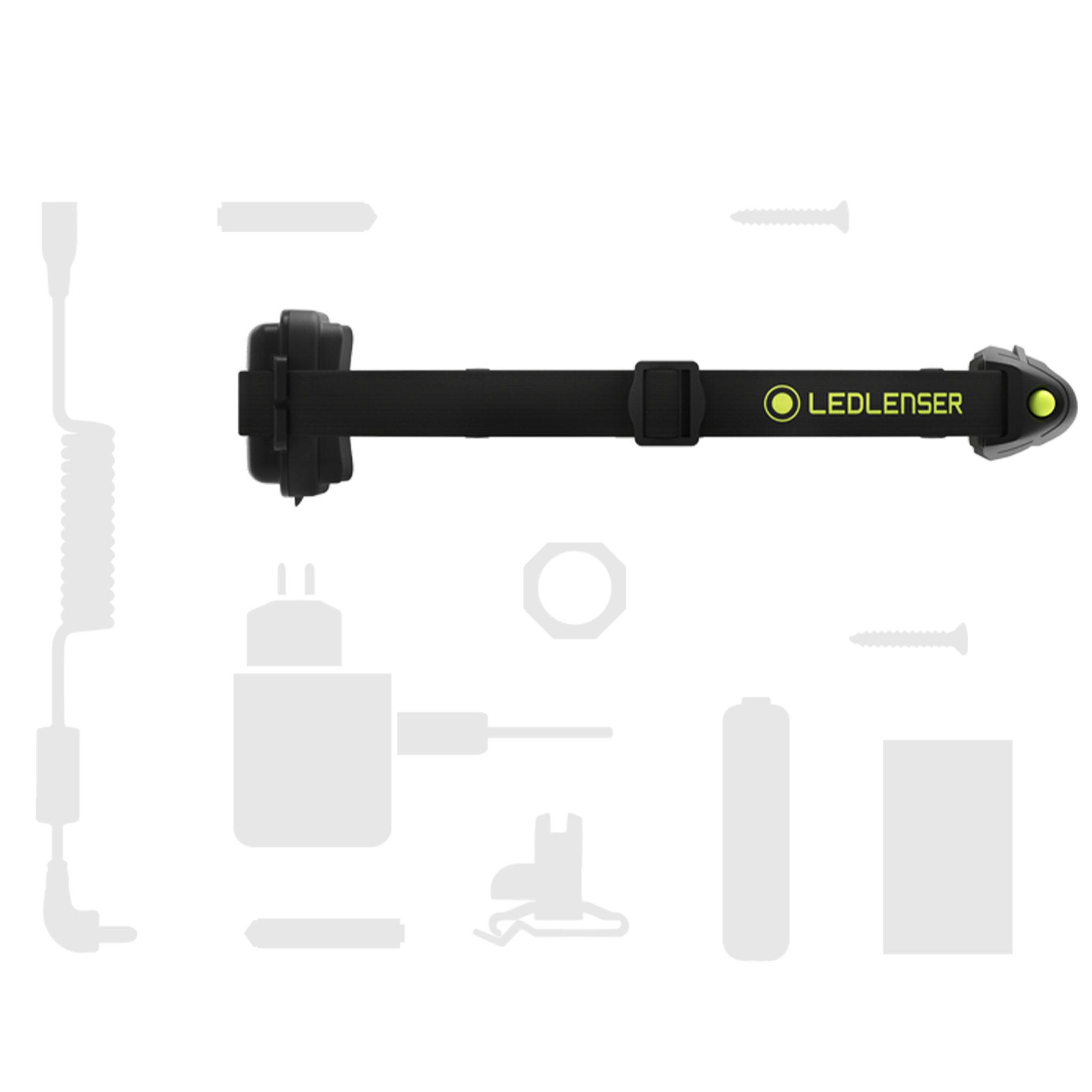 NEO6R Rechargeable Headlamp on a black head strap side view with green power button and yellow Ledlenser logo