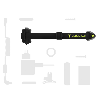 NEO6R Rechargeable Headlamp on a black head strap side view with green power button and yellow Ledlenser logo