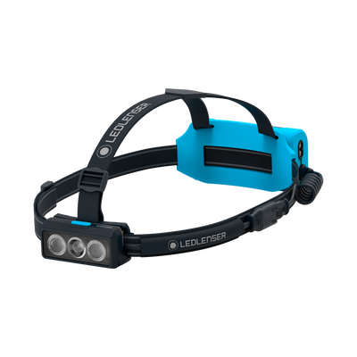 NEO9R Running Headlamp by Ledlenser featuring a blue battery pack black headband and three front LEDs