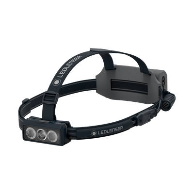 Ledlenser NEO9R Running Headlamp with a triple LED front module on a dark gray headband and adjustable strap