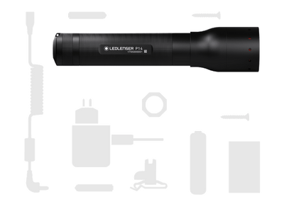 Ledlenser P14 Battery Operated Torch shown horizontally with faint accessory silhouettes such as charger and battery