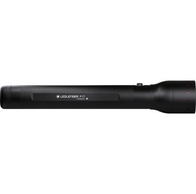 Ledlenser P17 Battery Operated Torch lying horizontally black handheld flashlight with textured grip and side control