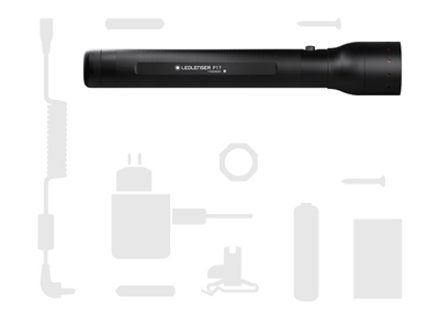 Ledlenser P17 Battery Operated Torch black cylindrical flashlight with side switch surrounded by accessory silhouettes