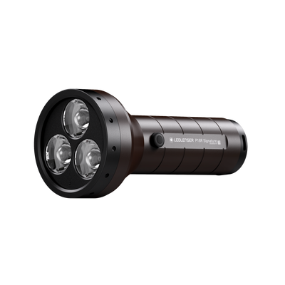 Ledlenser P18R Signature Torch shown in side profile with a three lens head and brown anodised cylindrical body